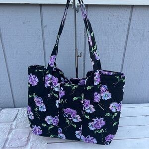 Mary Maxim Purple Black Handbag Floral Black & Purple Quilted Shoulder Tote Bag